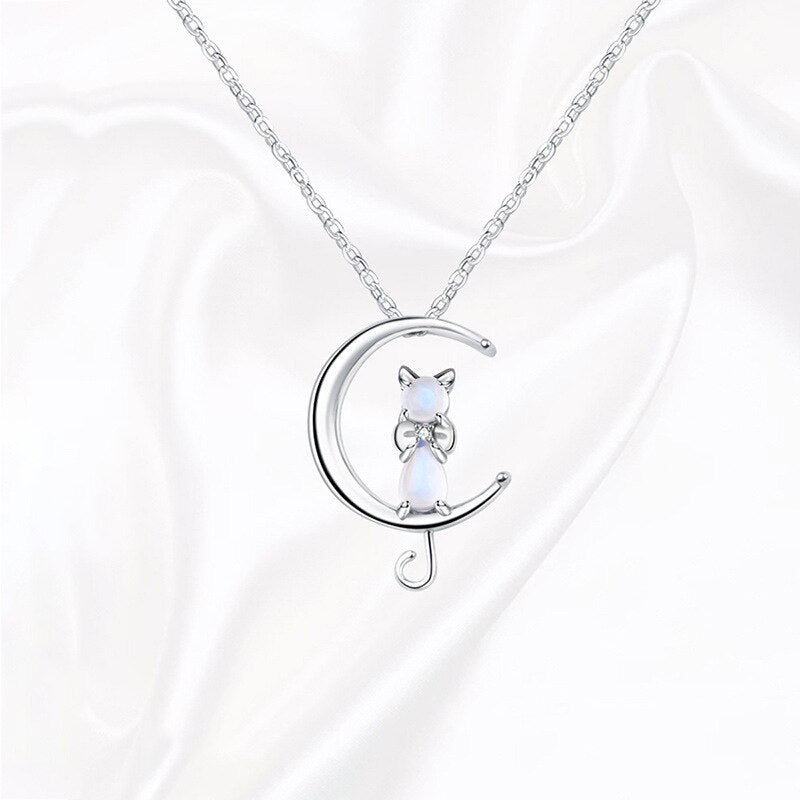 Milky White Stone Crescent Moon and Cat Pendant Necklace