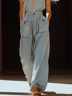 Tencel Denim Overalls with V Neck and Pockets