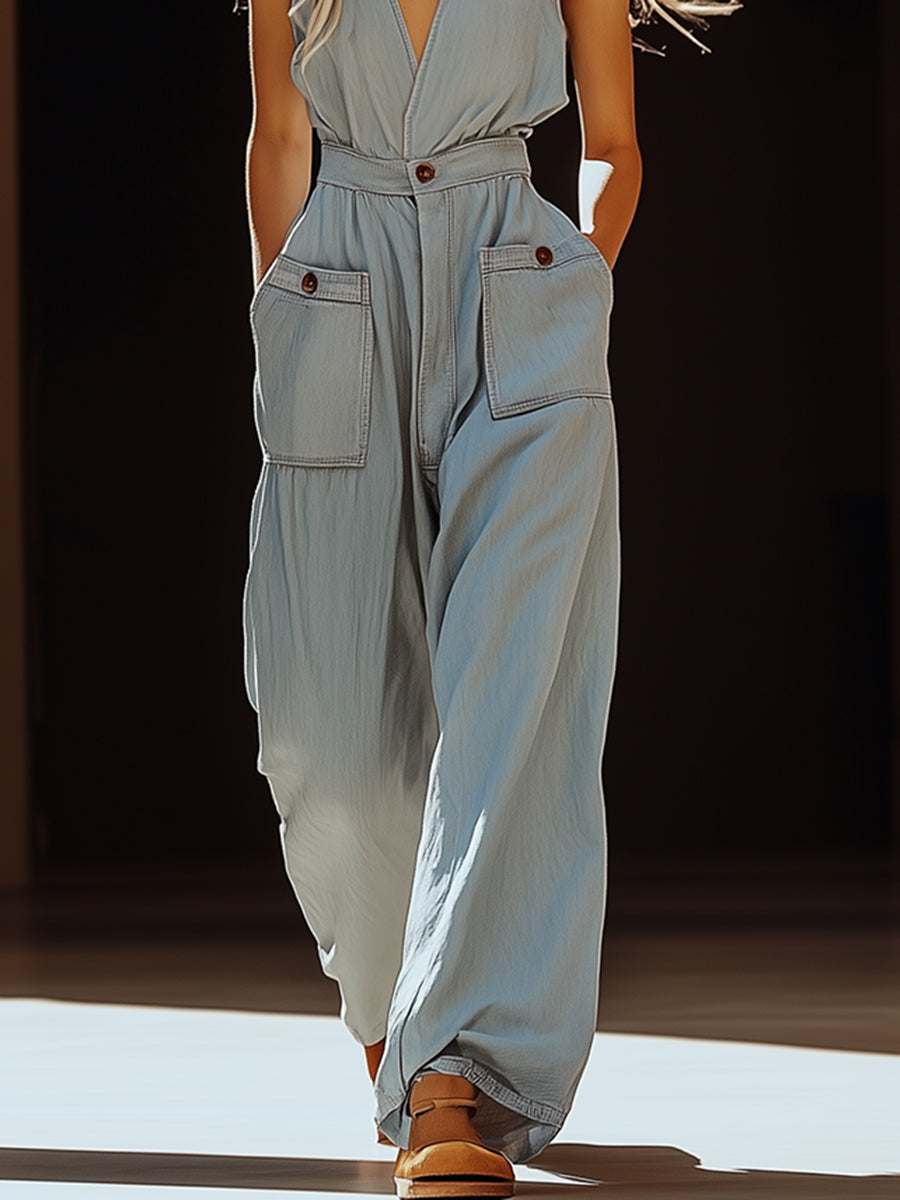 Tencel Denim Overalls with V Neck and Pockets
