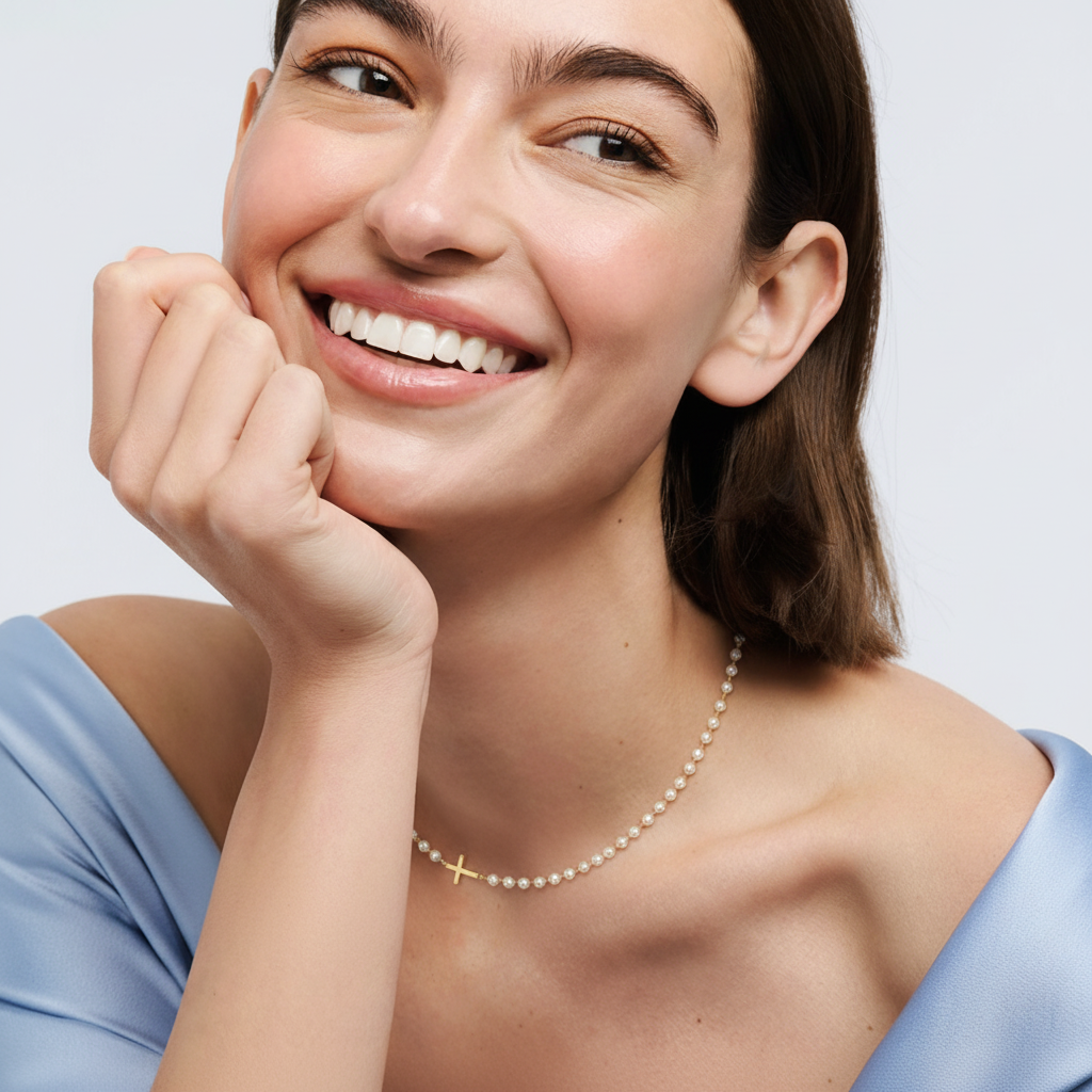 Faux Pearl Pendant Necklace with Simple Chain and Soft Lustre