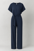 Wide-Leg Jumpsuit with Waist Belt and Draped Sleeves