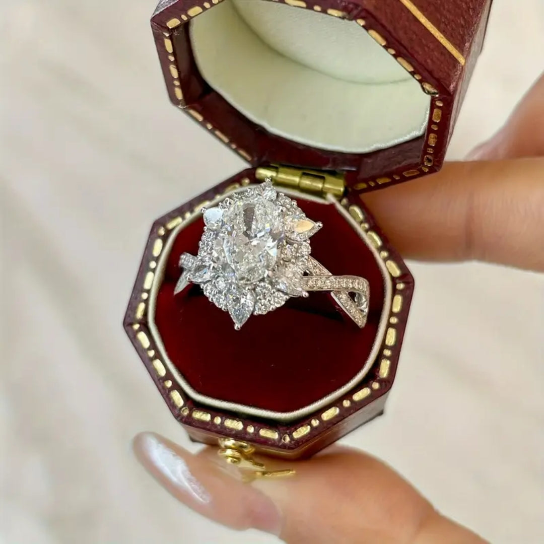 Crystal Glass Cluster Ring with Floral Setting in Gold Colour