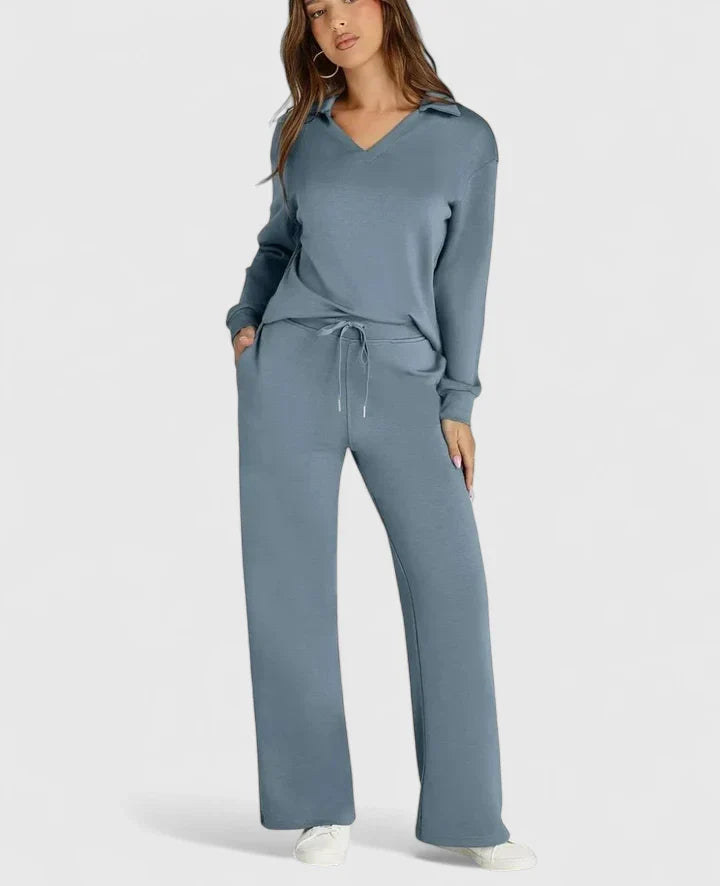 Polo Collar Two Piece Set with High Waisted Wide-Leg Trousers