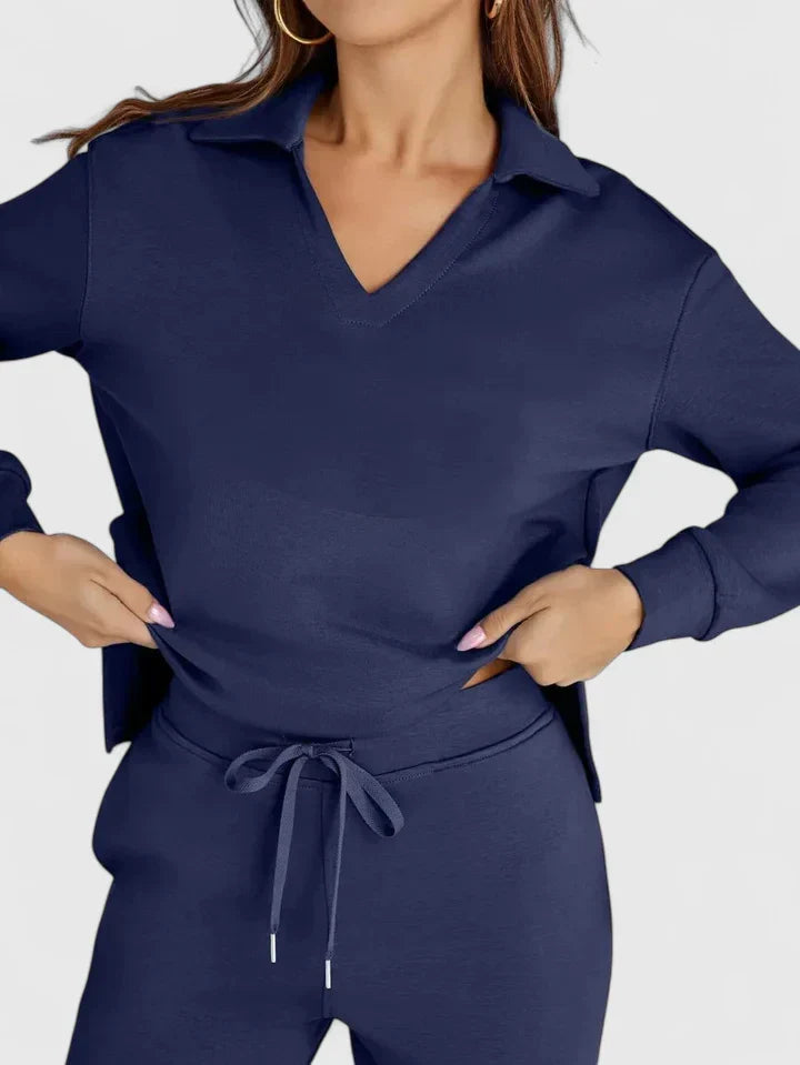 Polo Collar Two Piece Set with High Waisted Wide-Leg Trousers