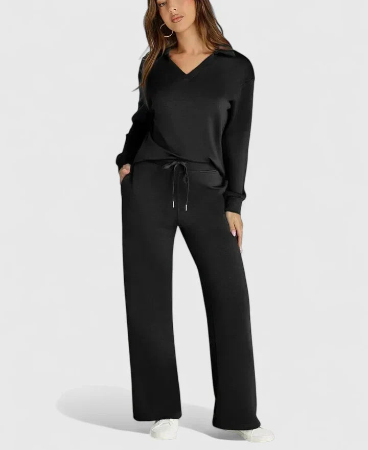 Polo Collar Two Piece Set with High Waisted Wide-Leg Trousers