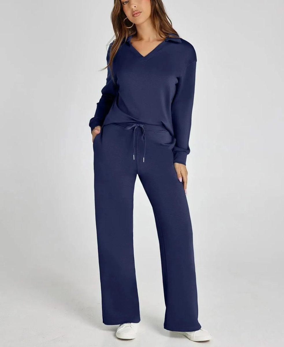 Polo Collar Two Piece Set with High Waisted Wide-Leg Trousers
