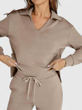 Polo Collar Two Piece Set with High Waisted Wide-Leg Trousers