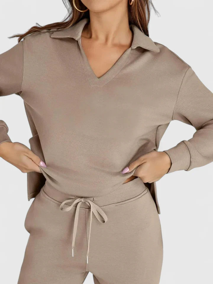 Polo Collar Two Piece Set with High Waisted Wide-Leg Trousers