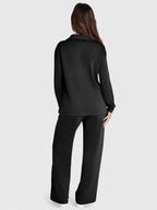 Polo Collar Two Piece Set with High Waisted Wide-Leg Trousers