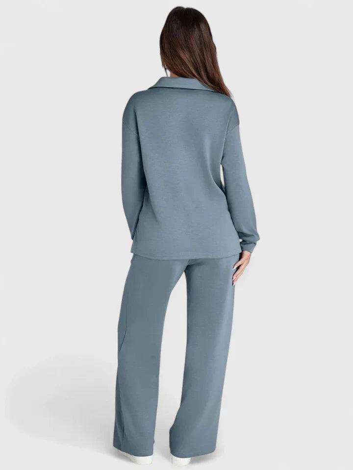 Polo Collar Two Piece Set with High Waisted Wide-Leg Trousers