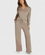 Polo Collar Two Piece Set with High Waisted Wide-Leg Trousers
