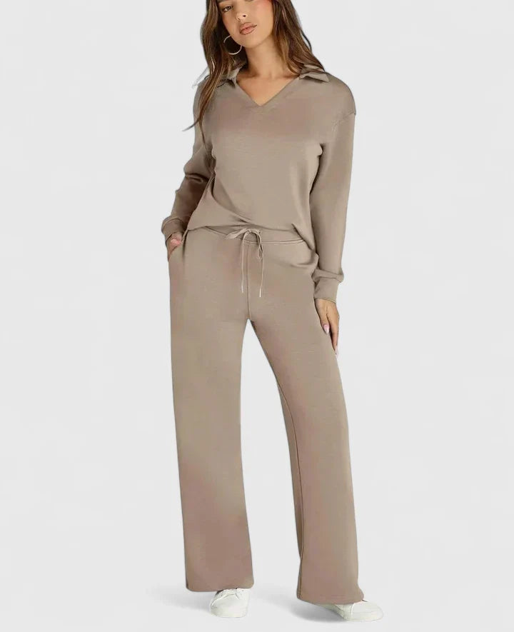 Polo Collar Two Piece Set with High Waisted Wide-Leg Trousers