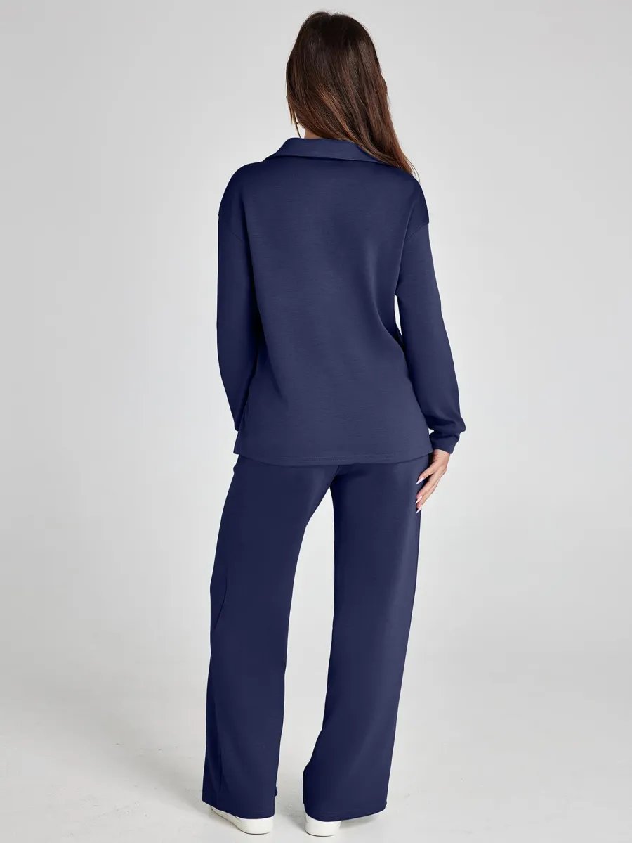 Polo Collar Two Piece Set with High Waisted Wide-Leg Trousers