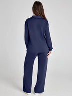Polo Collar Two Piece Set with High Waisted Wide-Leg Trousers
