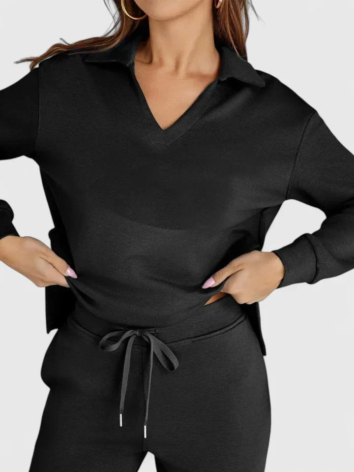 Polo Collar Two Piece Set with High Waisted Wide-Leg Trousers