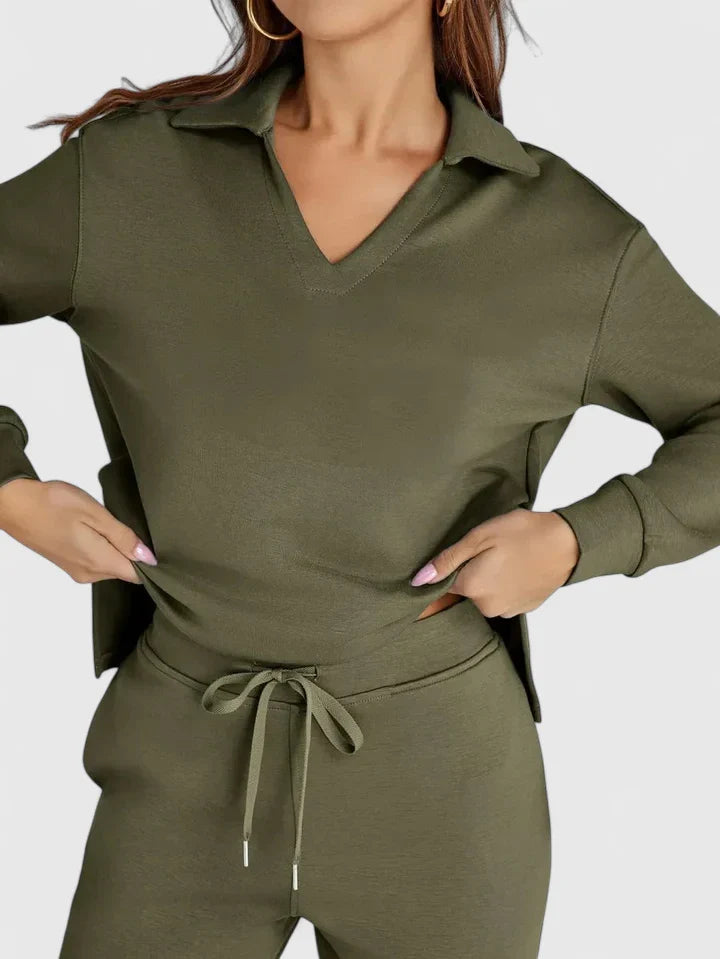 Polo Collar Two Piece Set with High Waisted Wide-Leg Trousers