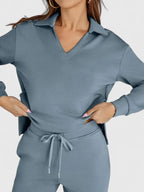 Polo Collar Two Piece Set with High Waisted Wide-Leg Trousers