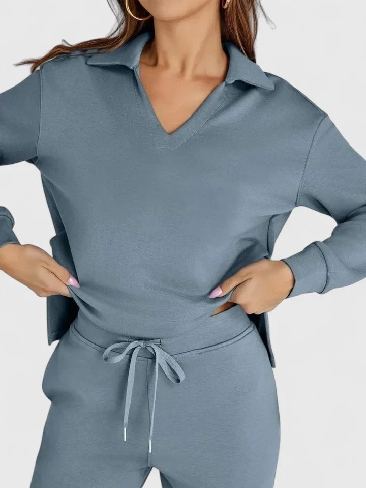 Polo Collar Two Piece Set with High Waisted Wide-Leg Trousers