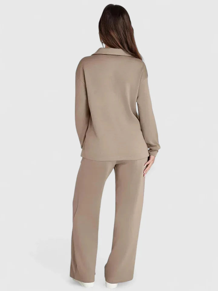 Polo Collar Two Piece Set with High Waisted Wide-Leg Trousers