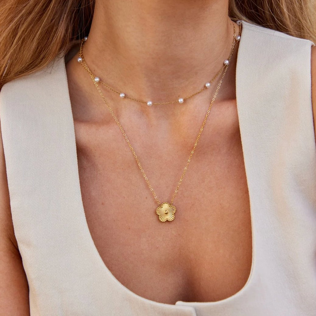Chain Necklace with Spaced Faux Pearls in Gold Colour