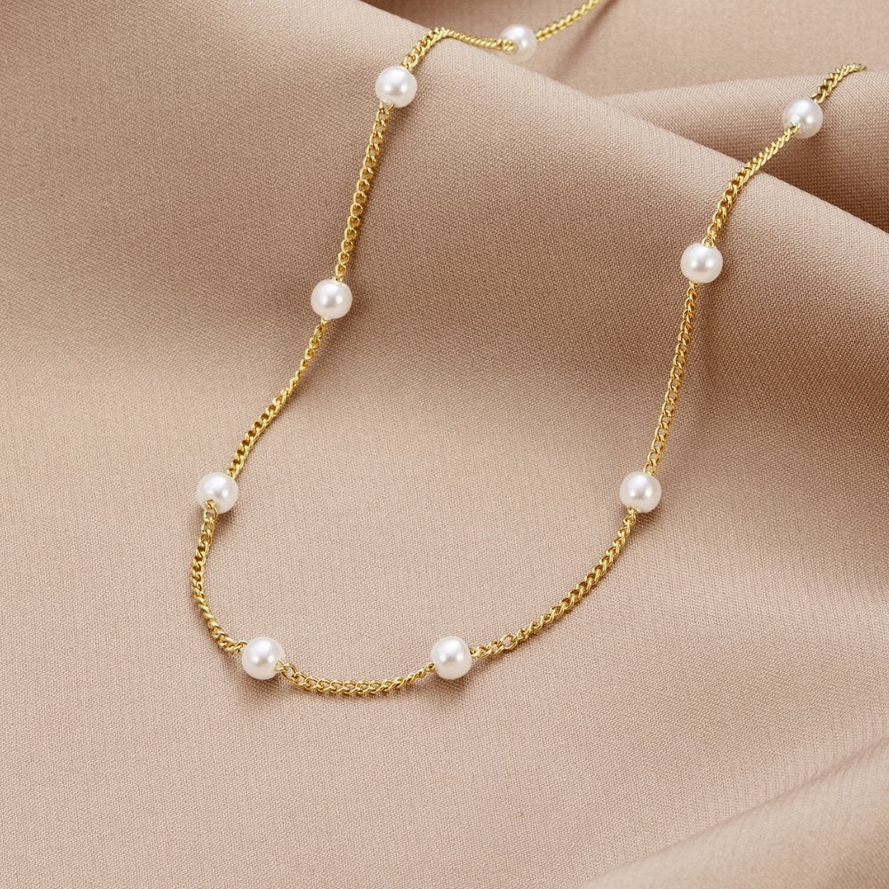 Chain Necklace with Spaced Faux Pearls in Gold Colour
