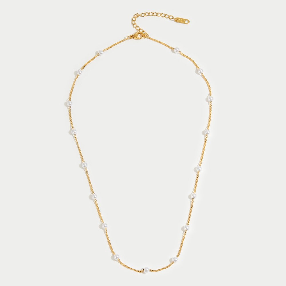 Chain Necklace with Spaced Faux Pearls in Gold Colour