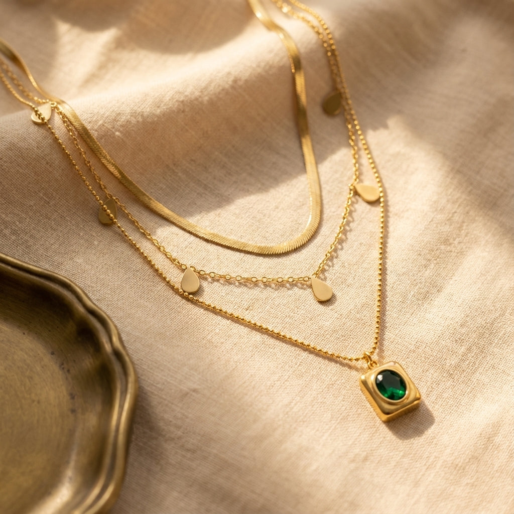Layered Necklace Set with Green Stone Pendant in Gold Colour
