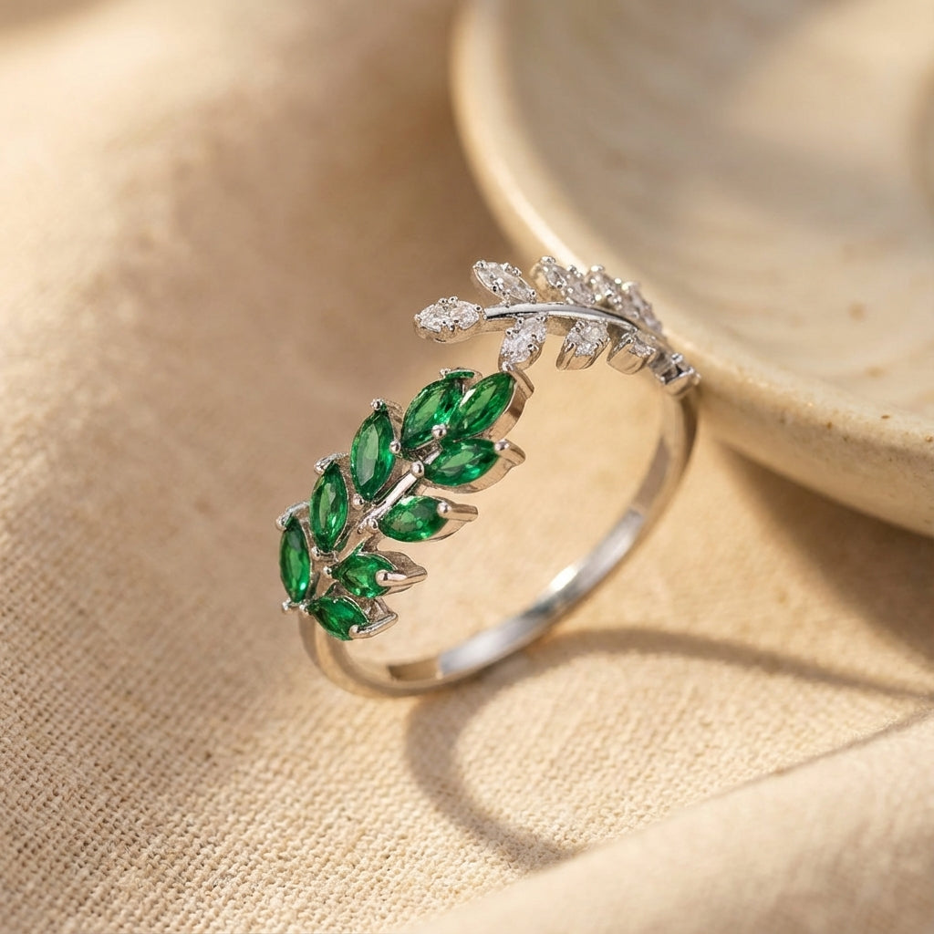 Green Enamel Leaf and Vine Wrap Ring in Gold Colour