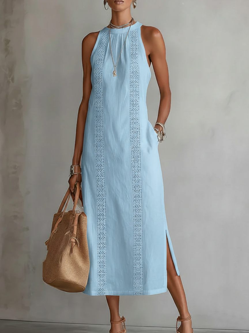 Vestido midi sin mangas de algodón y lino con cuello mao