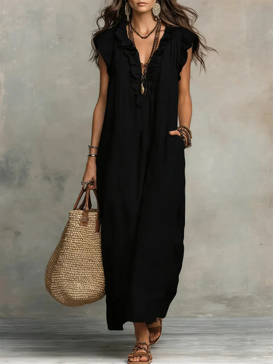 Vestido boho de lino y algodón con detalle de volantes y bolsillos