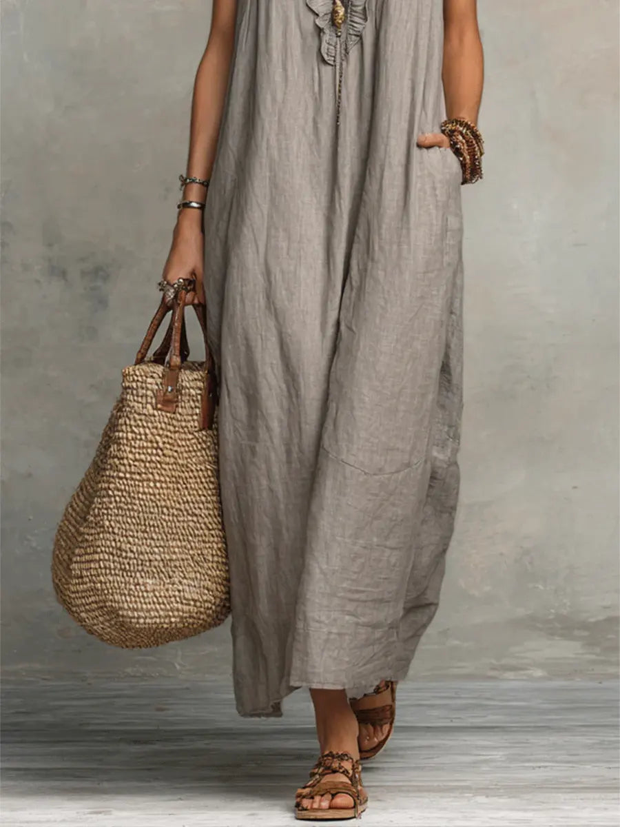 Linen-Cotton Boho Dress with Ruffle Detail and Pockets