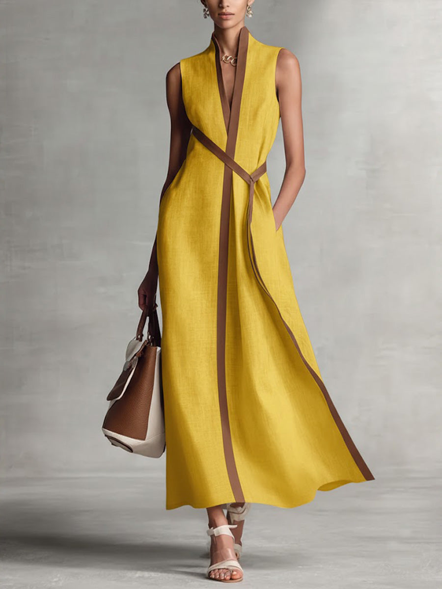 Sleeveless Dress with High Collar and Loose Drape