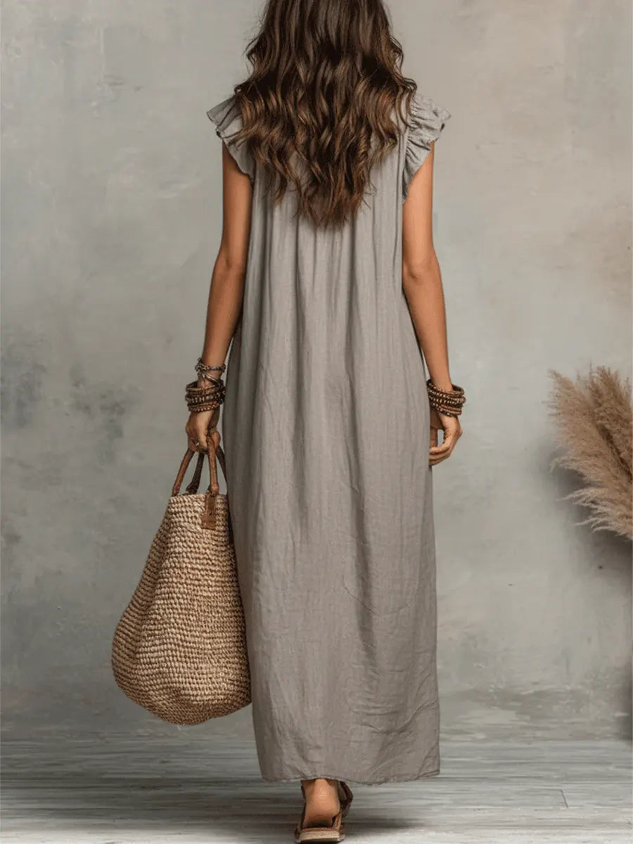 Vestido boho de lino y algodón con detalle de volantes y bolsillos