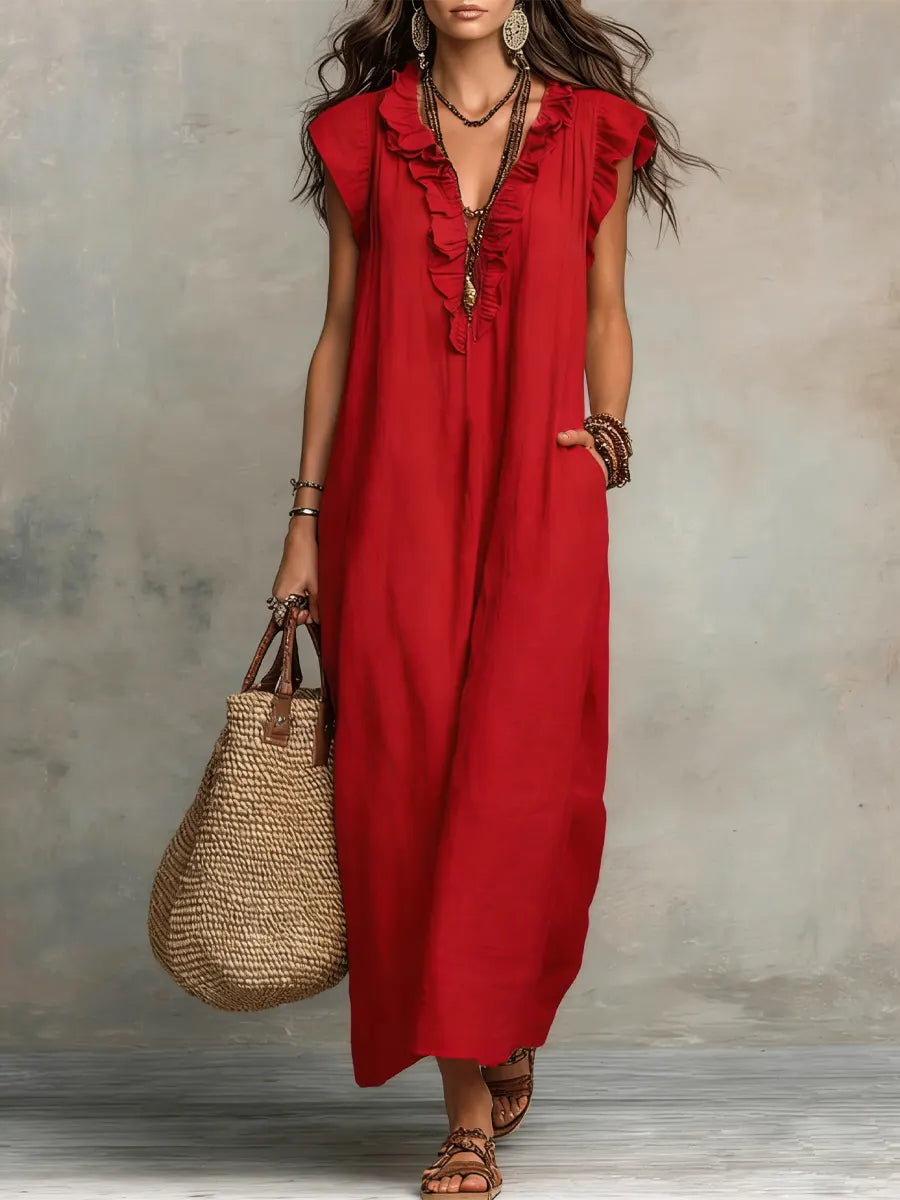 Linen-Cotton Boho Dress with Ruffle Detail and Pockets