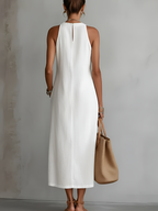 Vestido midi sin mangas de algodón y lino con cuello mao