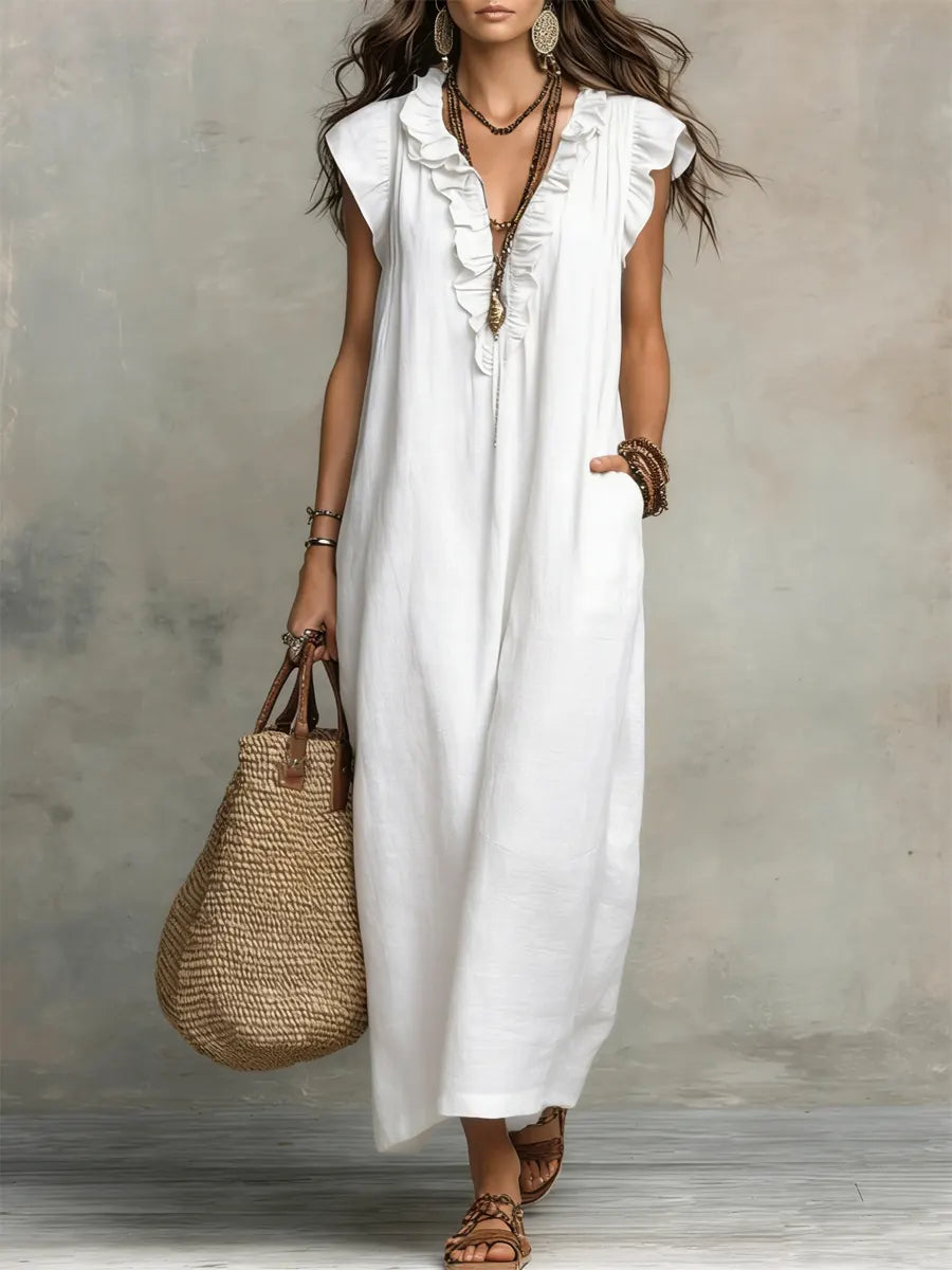 Linen-Cotton Boho Dress with Ruffle Detail and Pockets