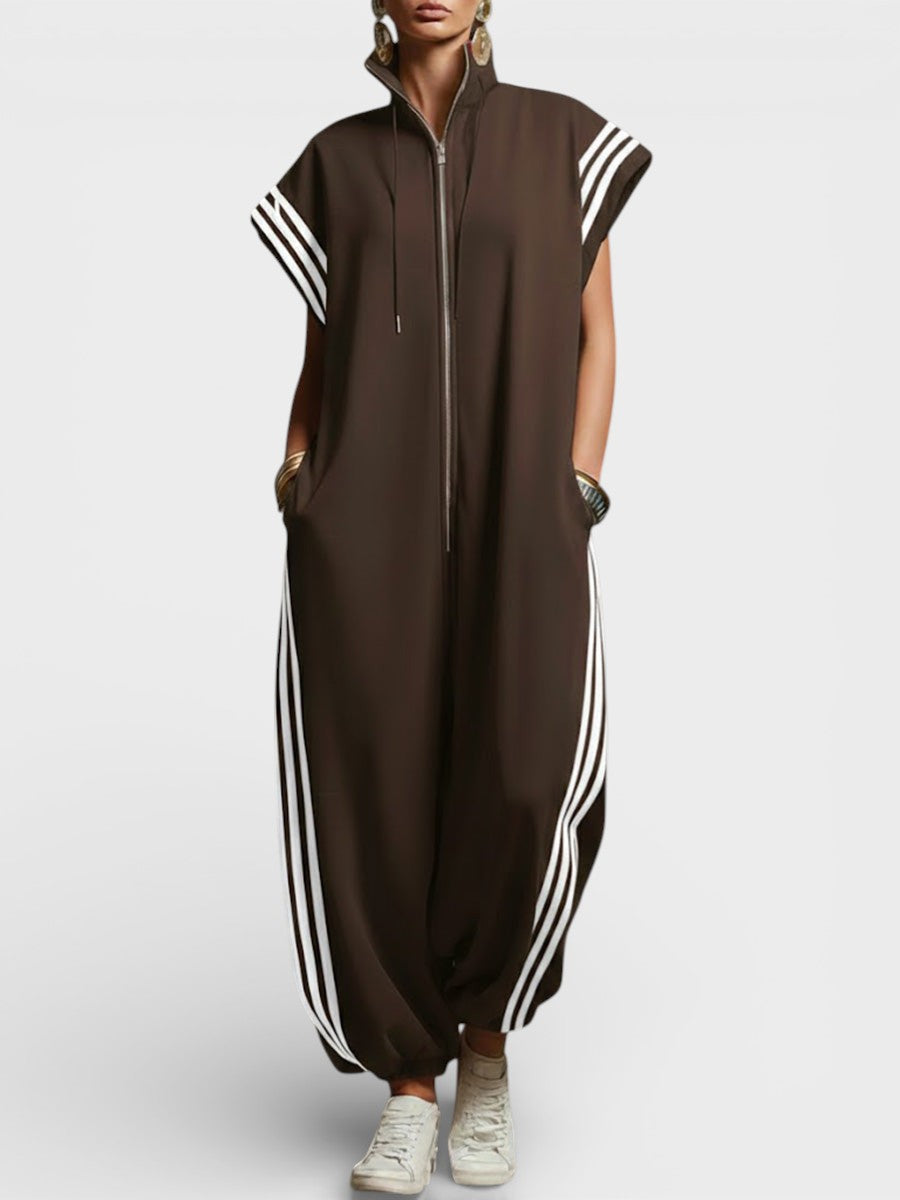 Zip Neck Jumpsuit with Checked Finish