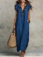 Vestido boho de lino y algodón con detalle de volantes y bolsillos