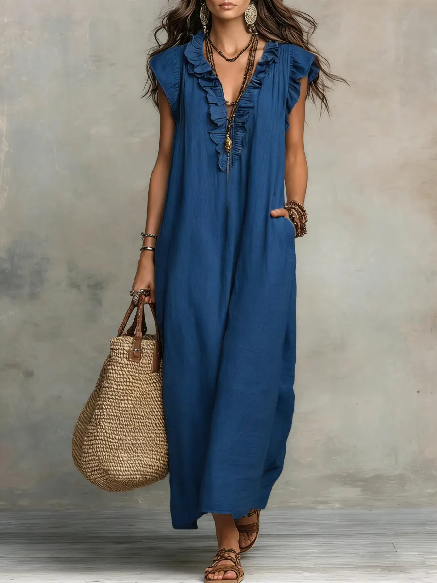 Linen-Cotton Boho Dress with Ruffle Detail and Pockets
