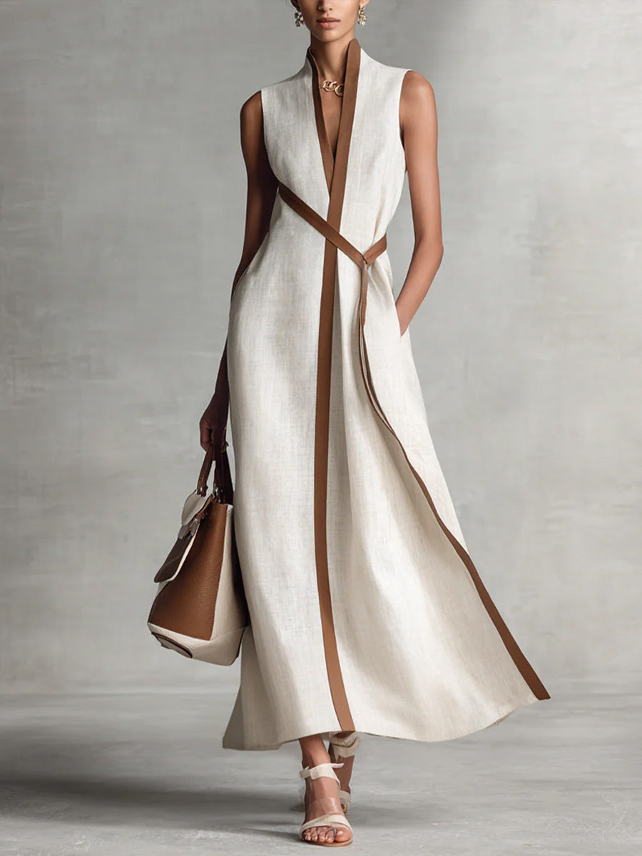 Sleeveless Dress with High Collar and Loose Drape
