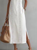 Vestido midi sin mangas de algodón y lino con cuello mao