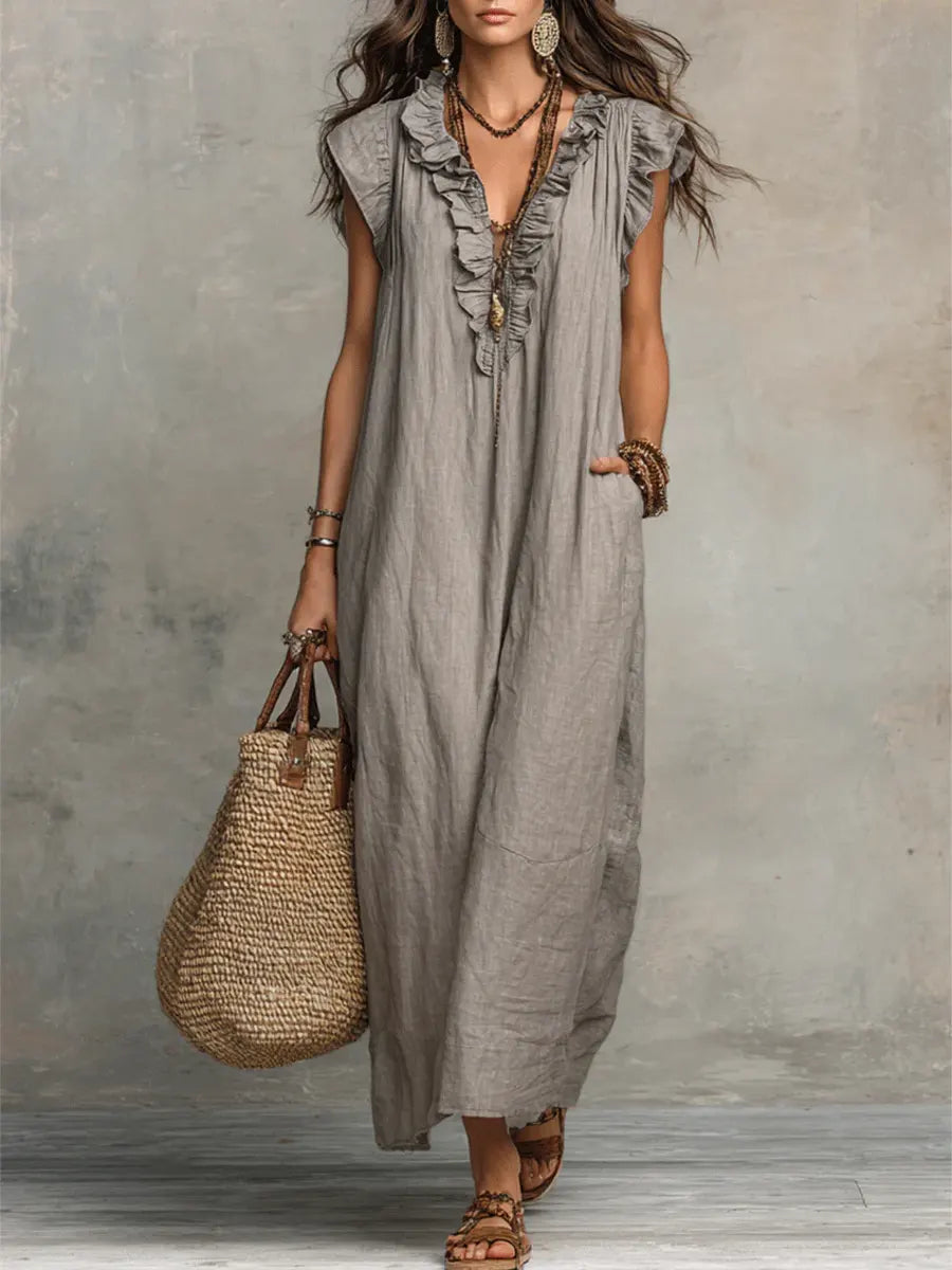 Linen-Cotton Boho Dress with Ruffle Detail and Pockets