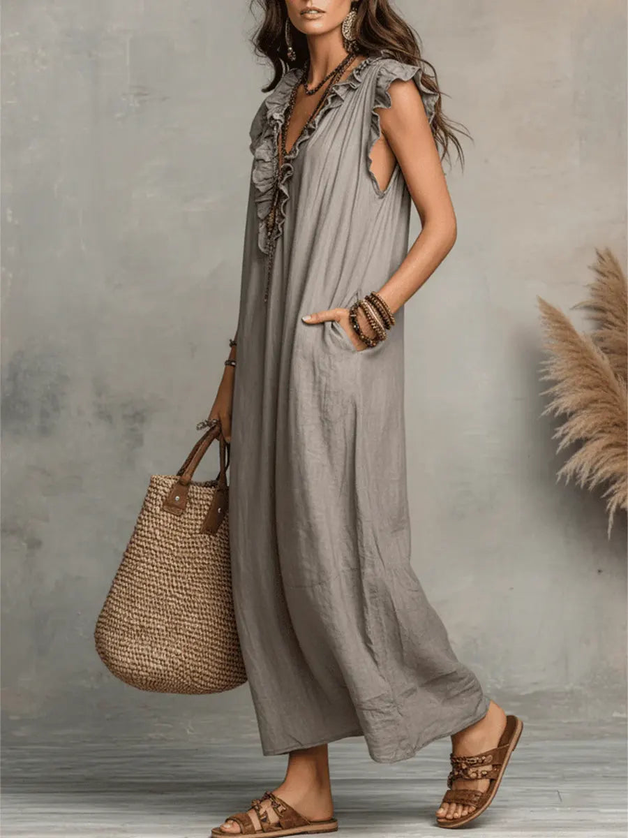 Linen-Cotton Boho Dress with Ruffle Detail and Pockets