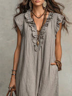 Vestido boho de lino y algodón con detalle de volantes y bolsillos