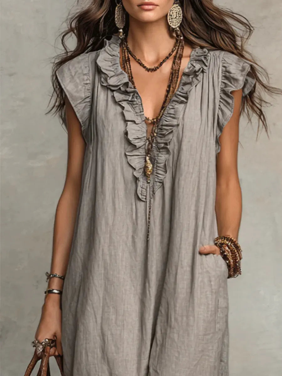 Linen-Cotton Boho Dress with Ruffle Detail and Pockets