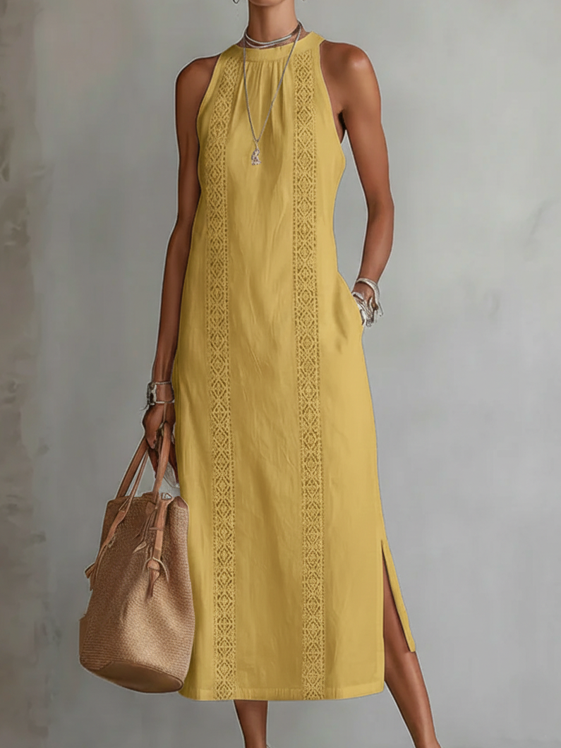 Vestido midi sin mangas de algodón y lino con cuello mao
