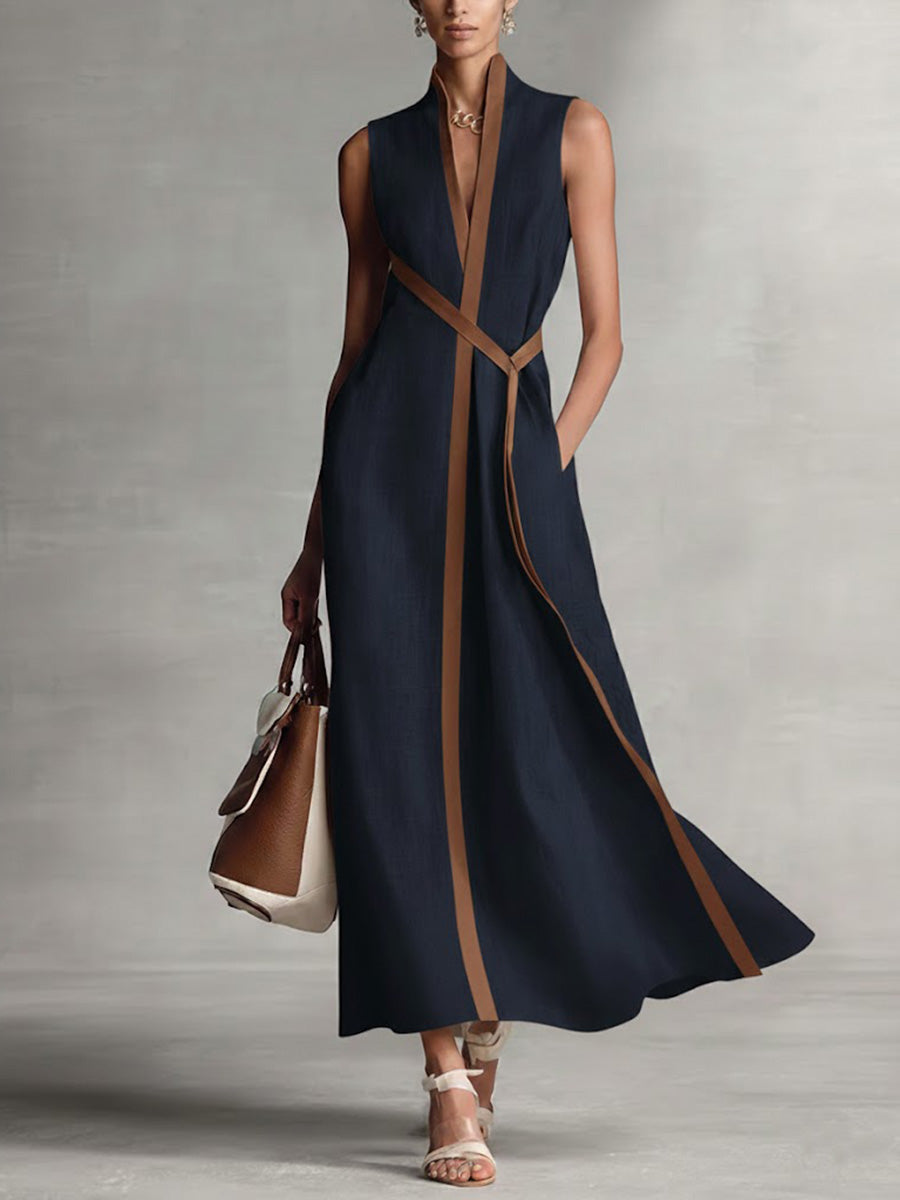 Sleeveless Dress with High Collar and Loose Drape