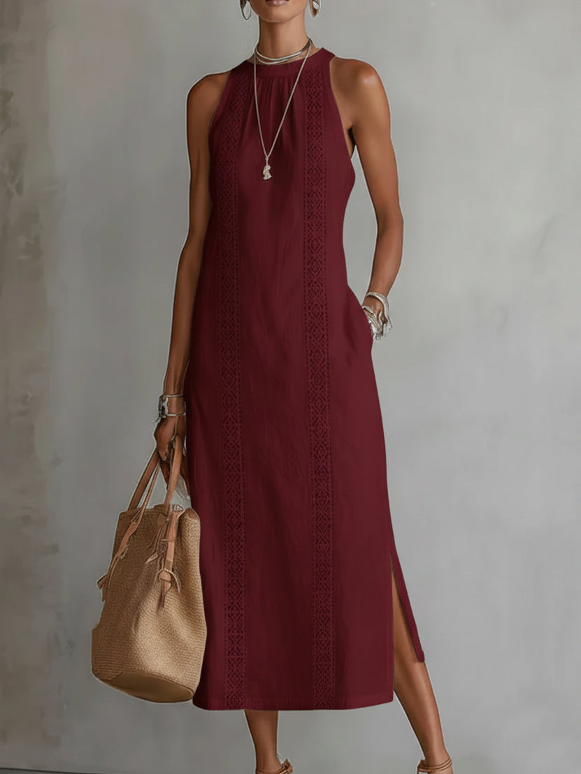 Vestido midi sin mangas de algodón y lino con cuello mao