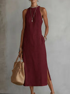 Vestido midi sin mangas de algodón y lino con cuello mao