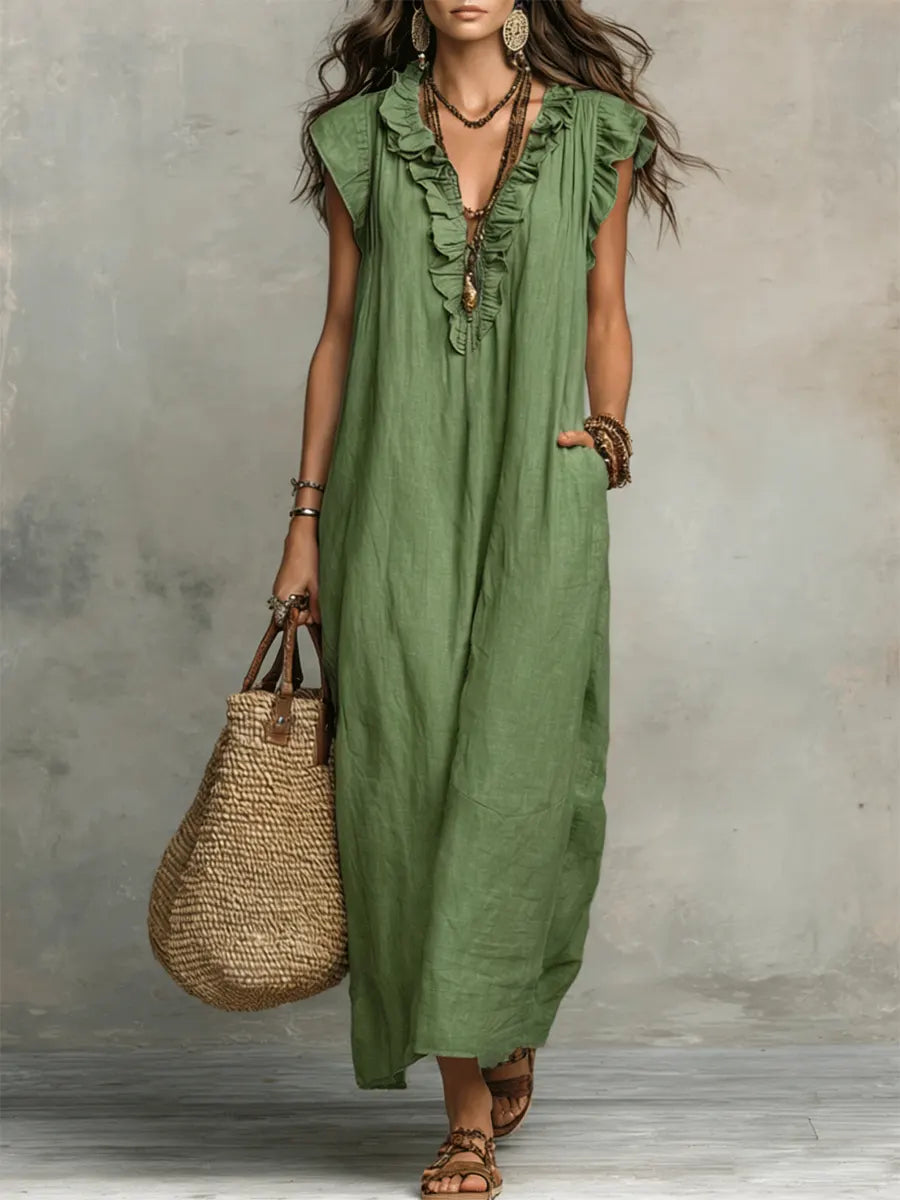 Linen-Cotton Boho Dress with Ruffle Detail and Pockets